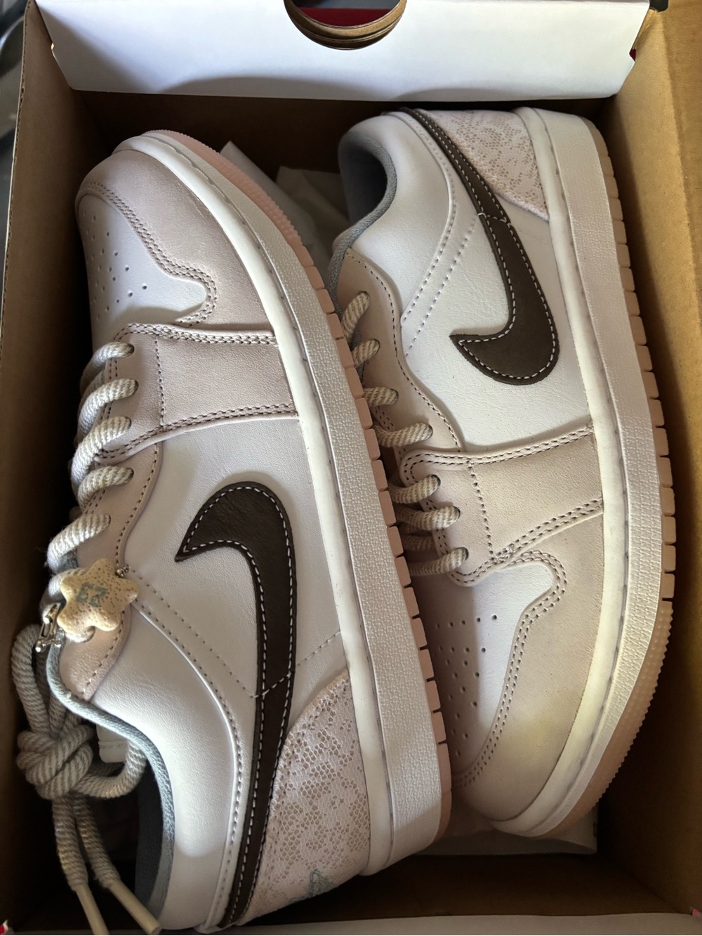 Nike Men’s Low-Top Sneakers — White with Brown Swoosh